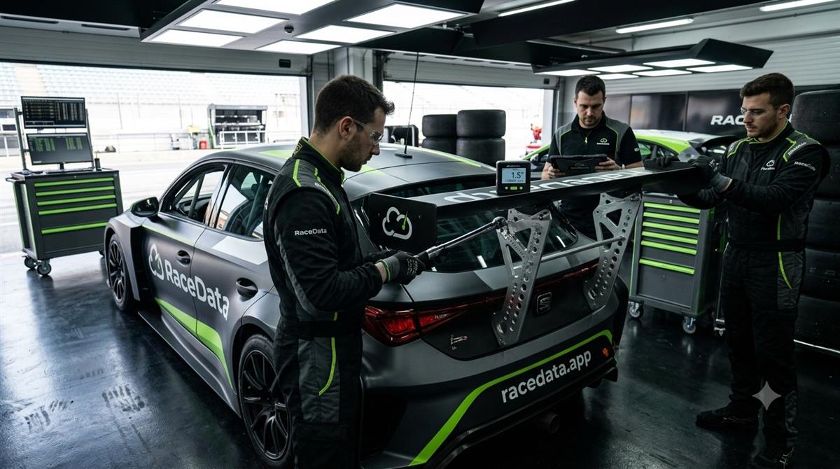 Team working in the garage on a car with RaceData branding